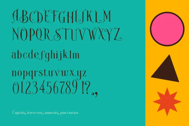 Spice Caravan character set with capitals, lowercase, numerals and punctuation in a dark ornate serif on teal