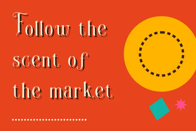 Spice Caravan quote Follow the scent of the market in cream letters with a dark shadow on an orange background