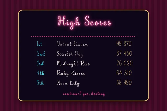 Velvet Drape High Scores table with five player names and scores set in thin script on a dark panel