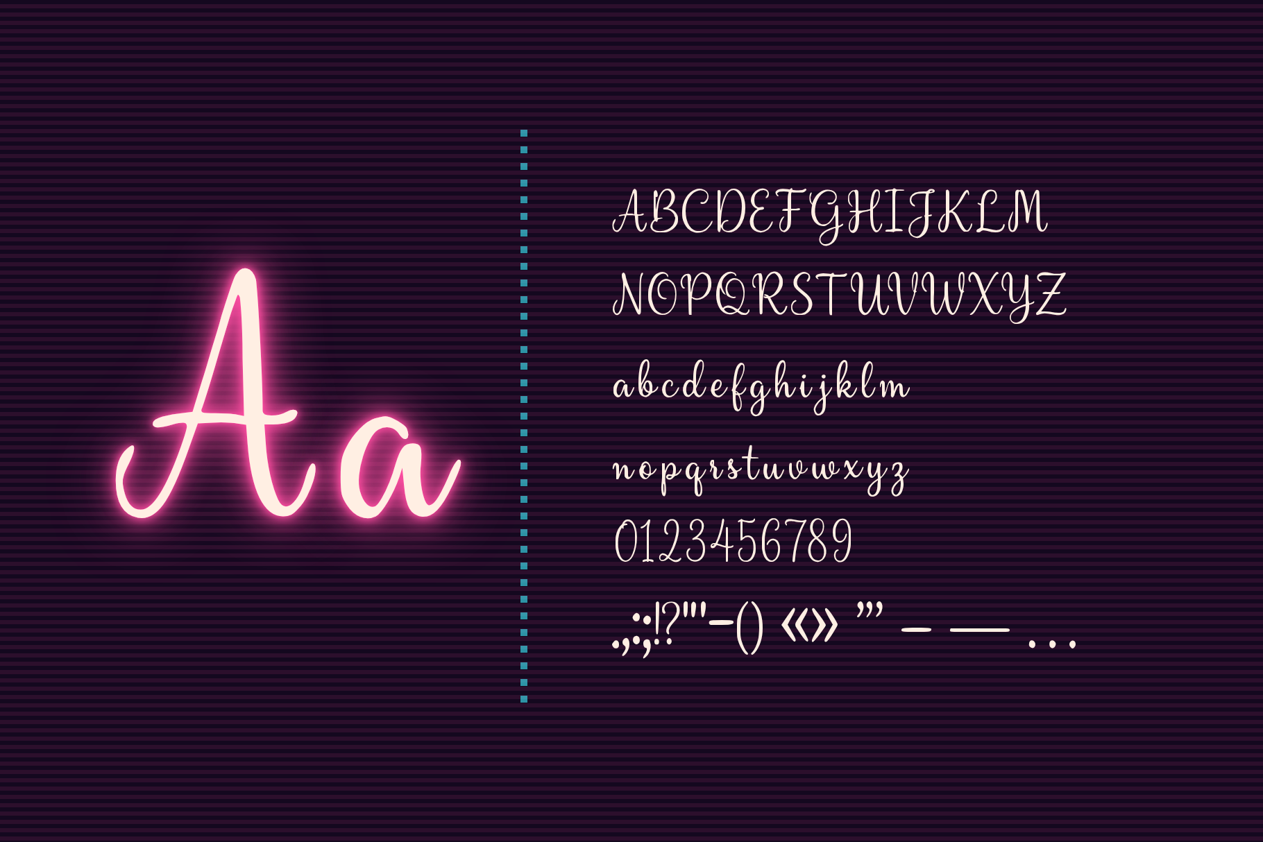 Velvet Drape glowing Aa beside the full set of capitals, lowercase, numerals and punctuation