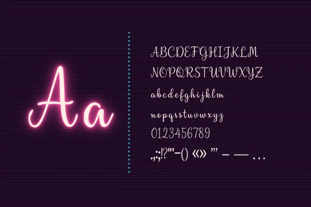 Velvet Drape glowing Aa beside the full set of capitals, lowercase, numerals and punctuation