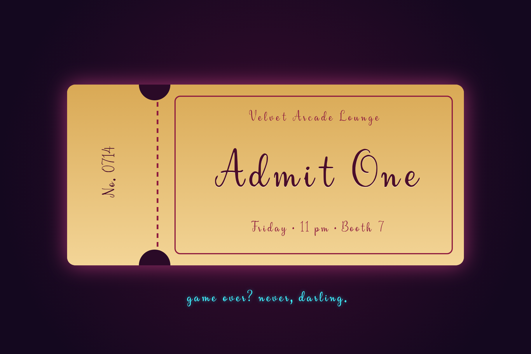 Velvet Drape Admit One ticket in dark script on a gold stub for a Friday 11 pm lounge booth