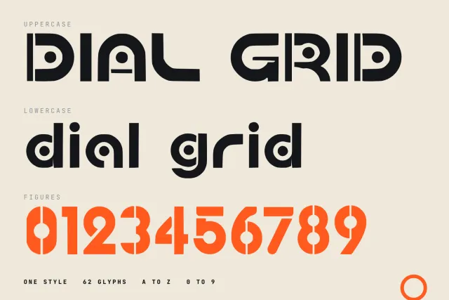 Dial Grid uppercase, lowercase and orange stencil figures 0 to 9 on a cream background