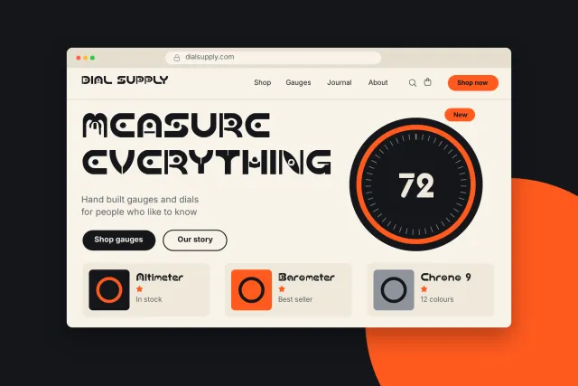 Dial Grid on a gauge shop website in a browser with the headline Measure everything and a 72 dial