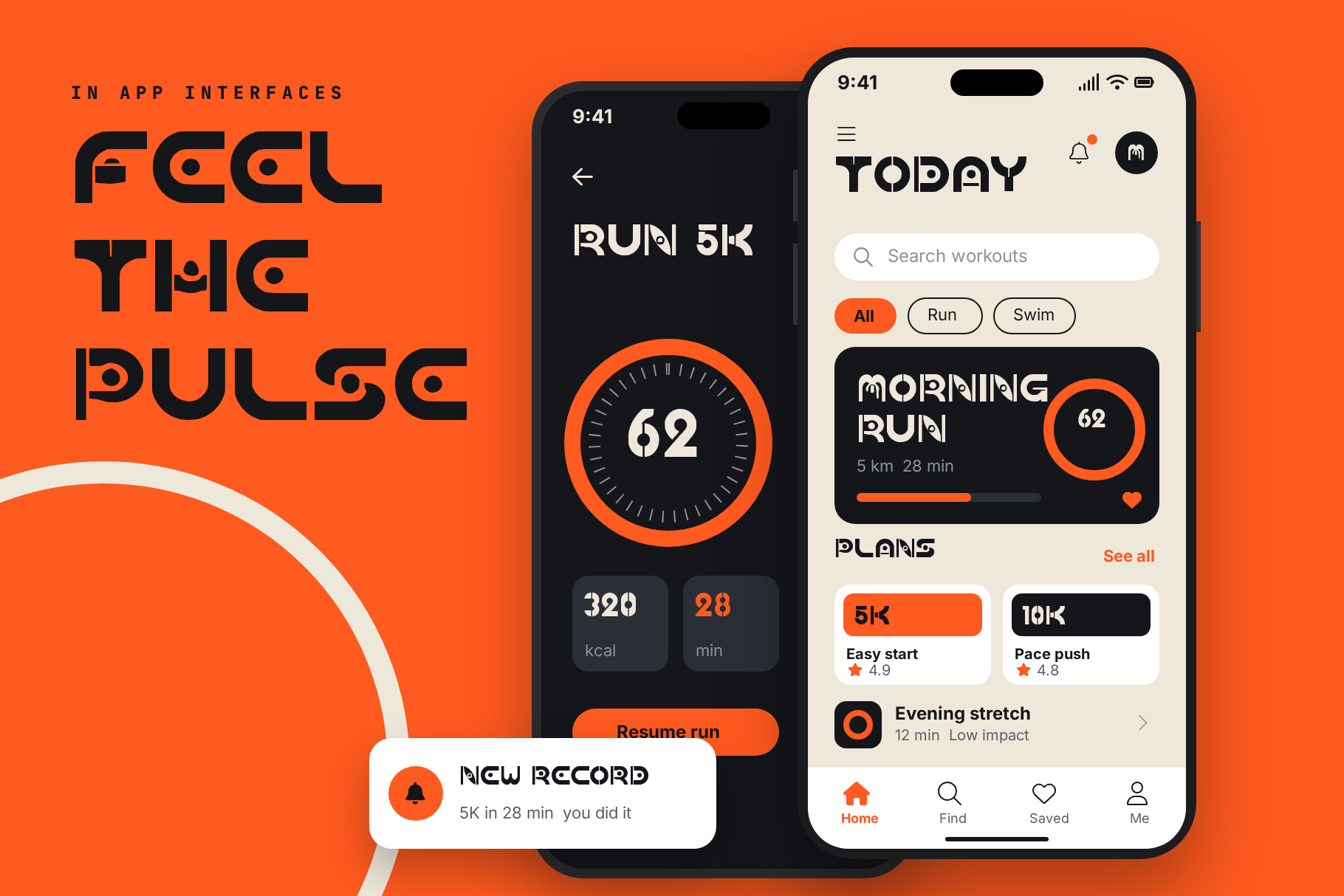 Dial Grid in a running app interface with Feel the pulse, Run 5K and Morning run on two phones