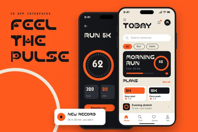Dial Grid in a running app interface with Feel the pulse, Run 5K and Morning run on two phones