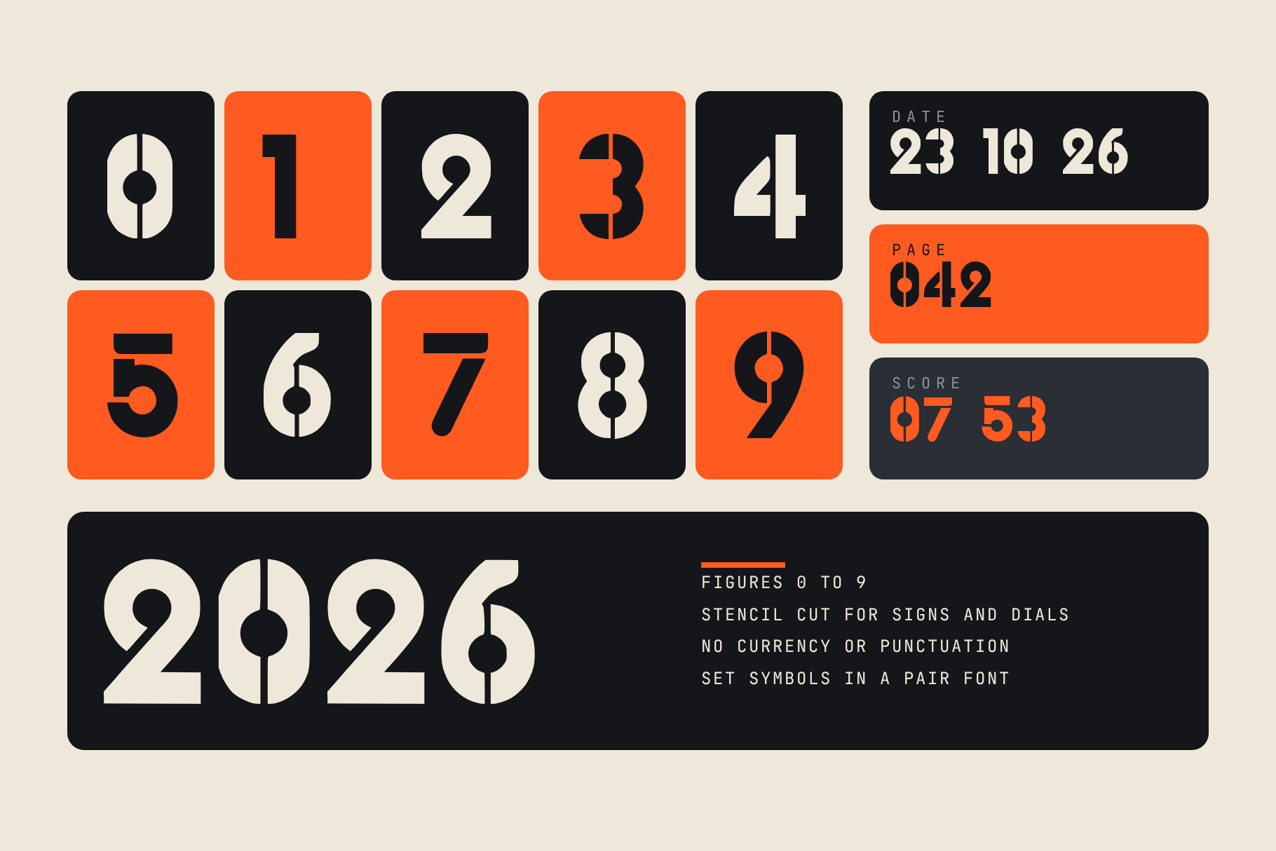 Dial Grid stencil-cut figures 0 to 9 in black and orange tiles with date, page and score panels