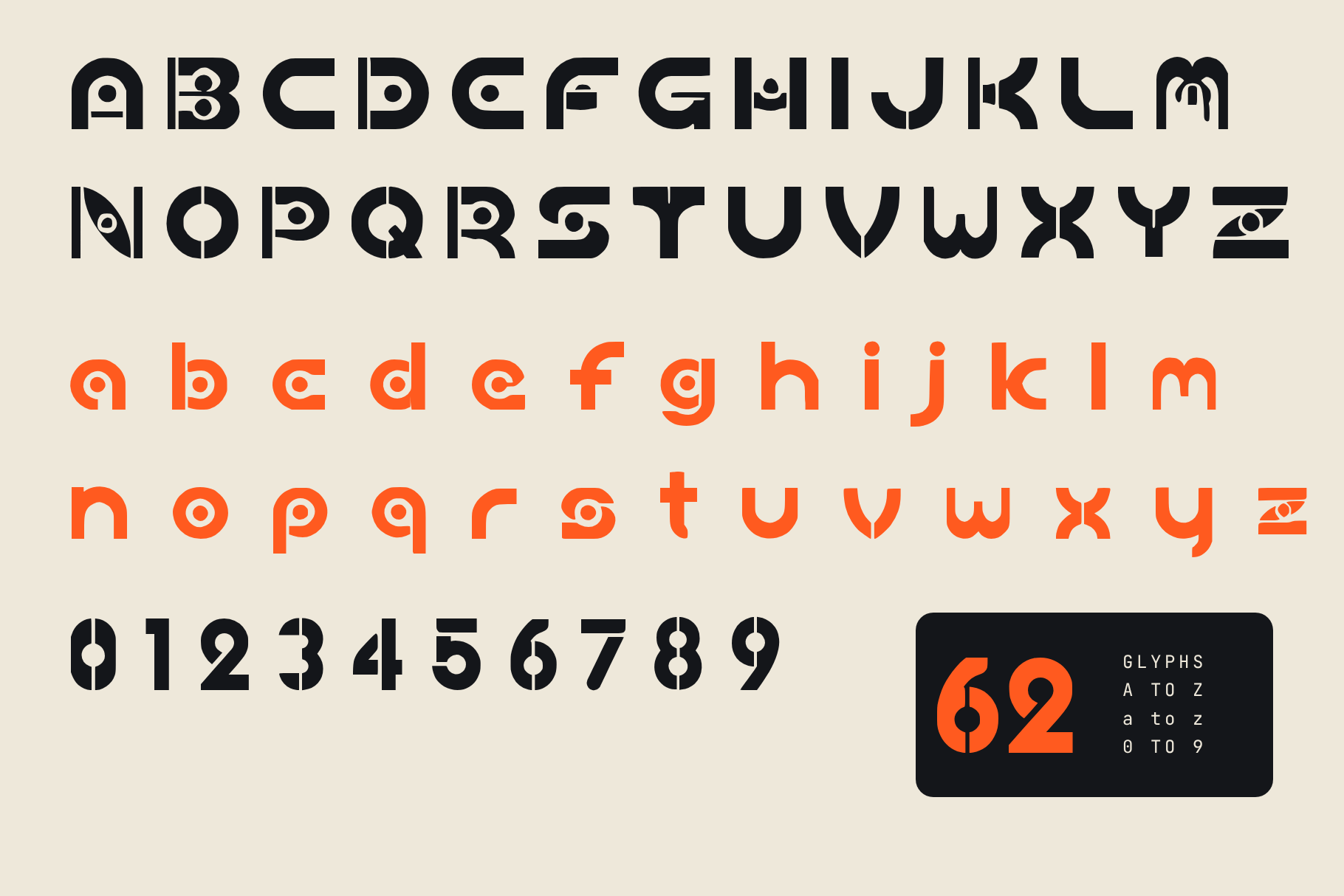 Dial Grid full set of 62 glyphs with A to Z in black, a to z in orange and figures 0 to 9