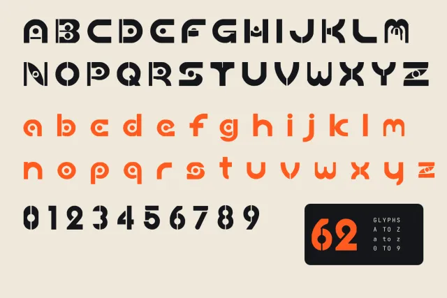 Dial Grid full set of 62 glyphs with A to Z in black, a to z in orange and figures 0 to 9