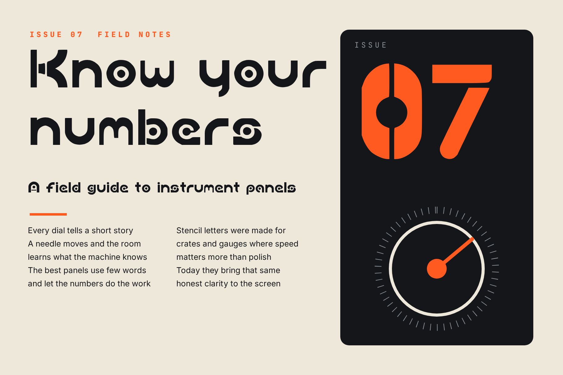 Dial Grid editorial page Know your numbers with a large orange 07 and an instrument dial