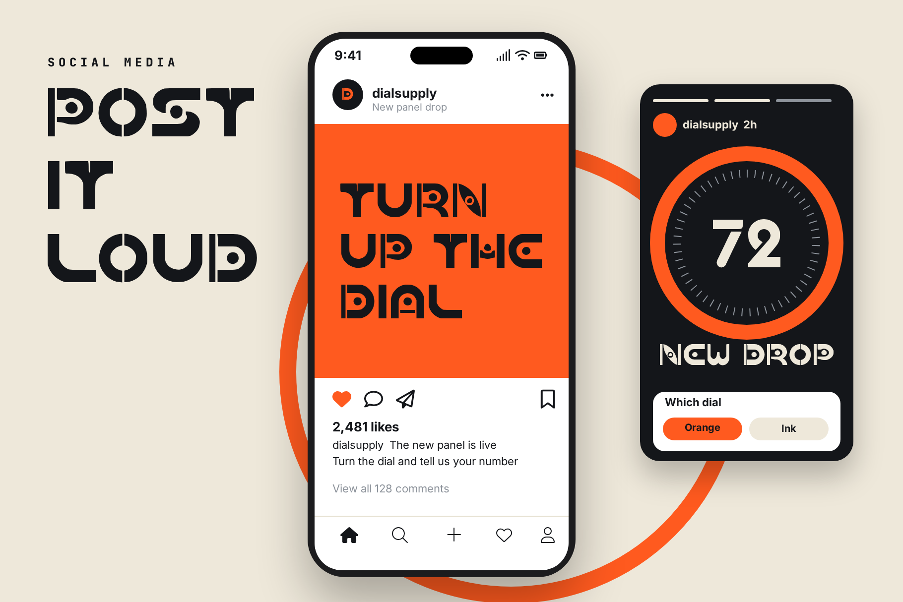 Dial Grid social media post and story with Turn up the dial and New drop on phone screens