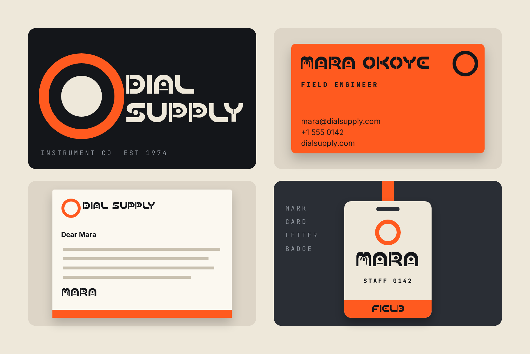 Dial Grid brand identity for Dial Supply with logo card, business card, letter and staff badge