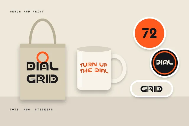 Dial Grid merch with the name on a tote bag, Turn up the dial on a mug and round stickers