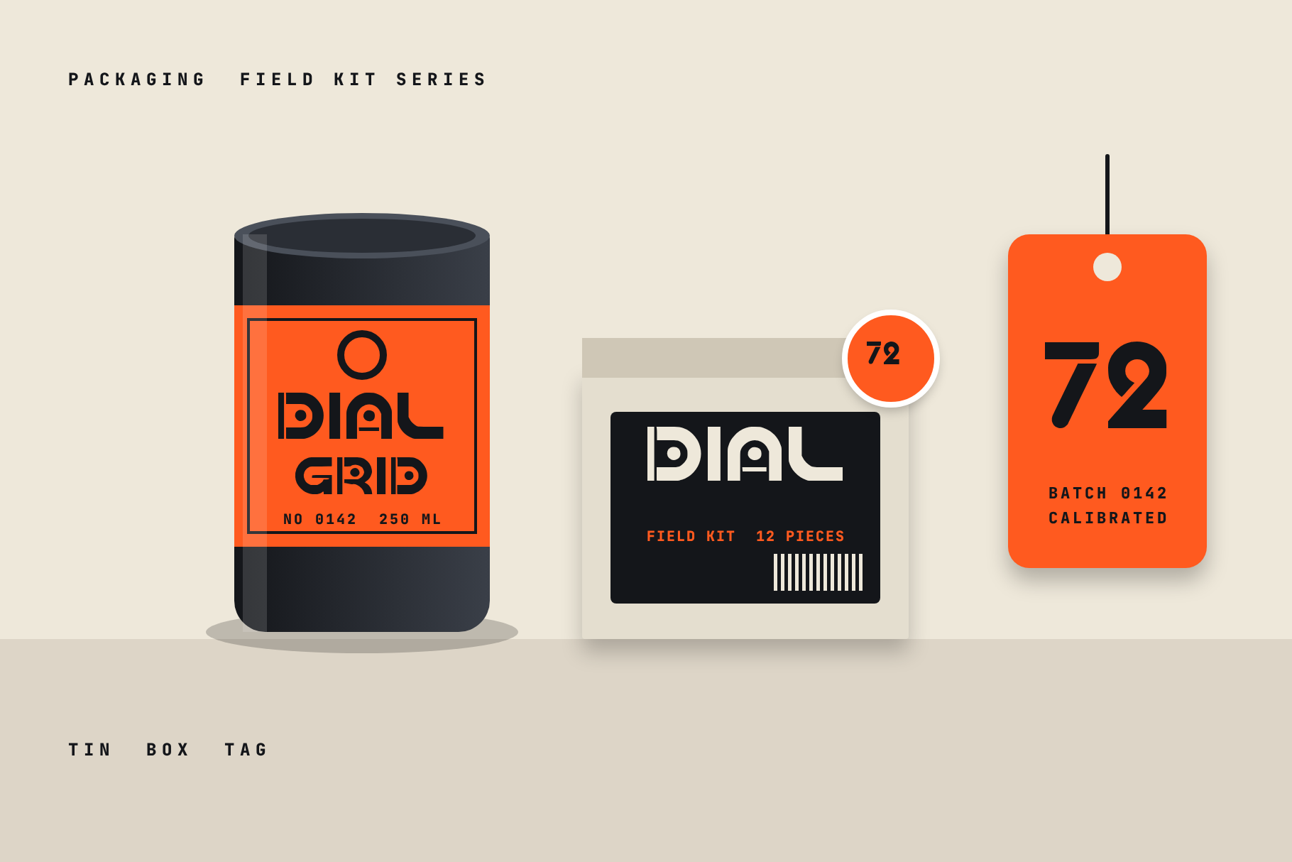 Dial Grid packaging set with a black tin, a field kit box and an orange tag numbered 72