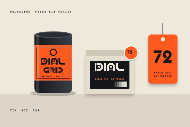 Dial Grid packaging set with a black tin, a field kit box and an orange tag numbered 72