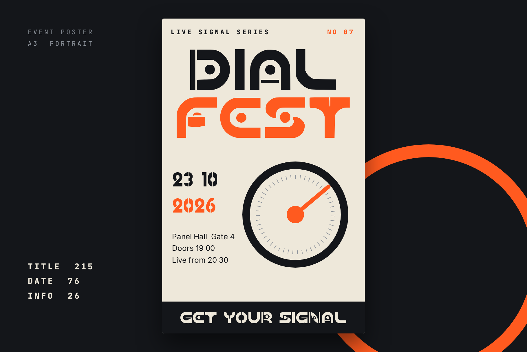 Dial Grid event poster Dial Fest with a date, venue details and a gauge on a black background