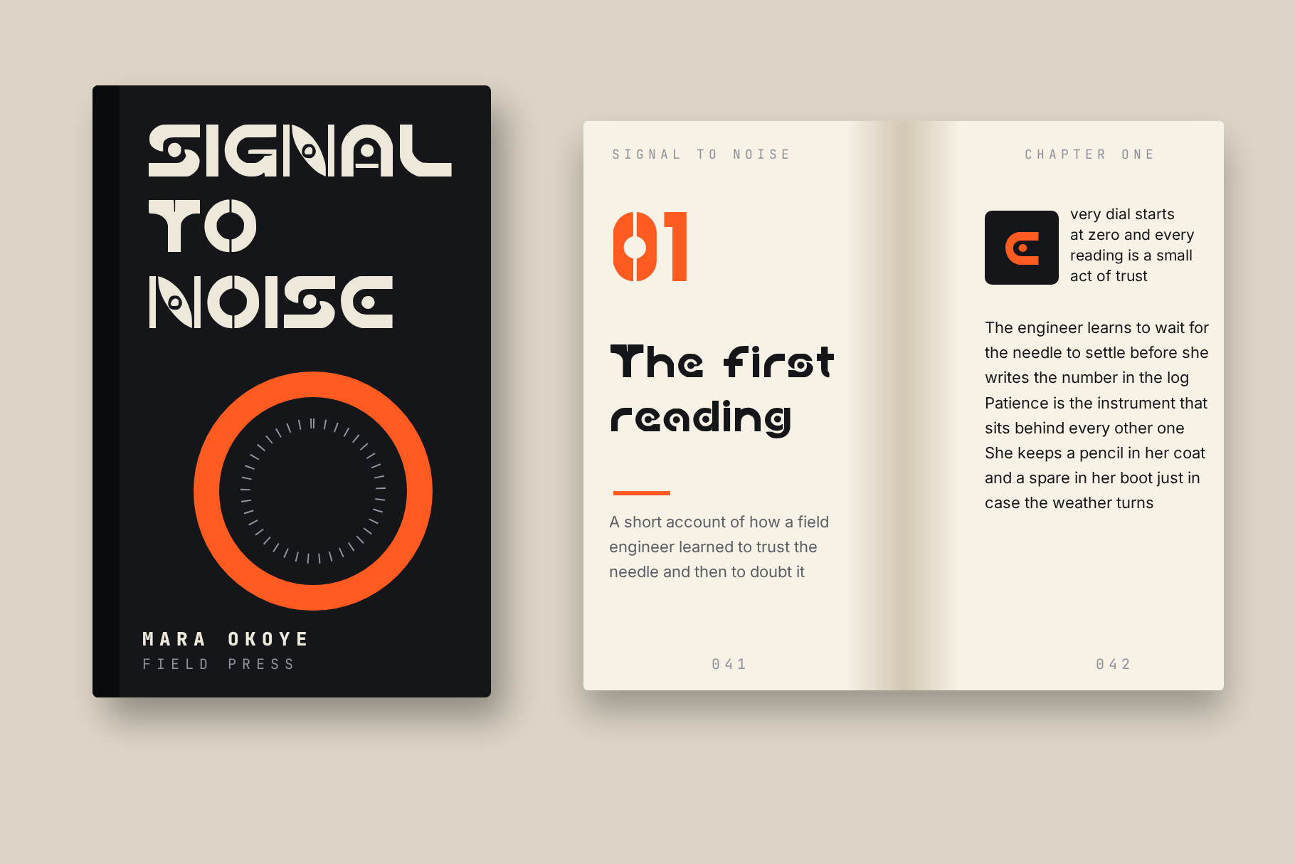 Dial Grid book cover Signal to Noise with an orange dial and a spread titled The first reading