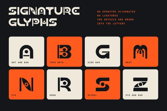 Dial Grid signature glyphs card with A, B, G, M, N, R, S and Z showing dots, drip, eye and spiral