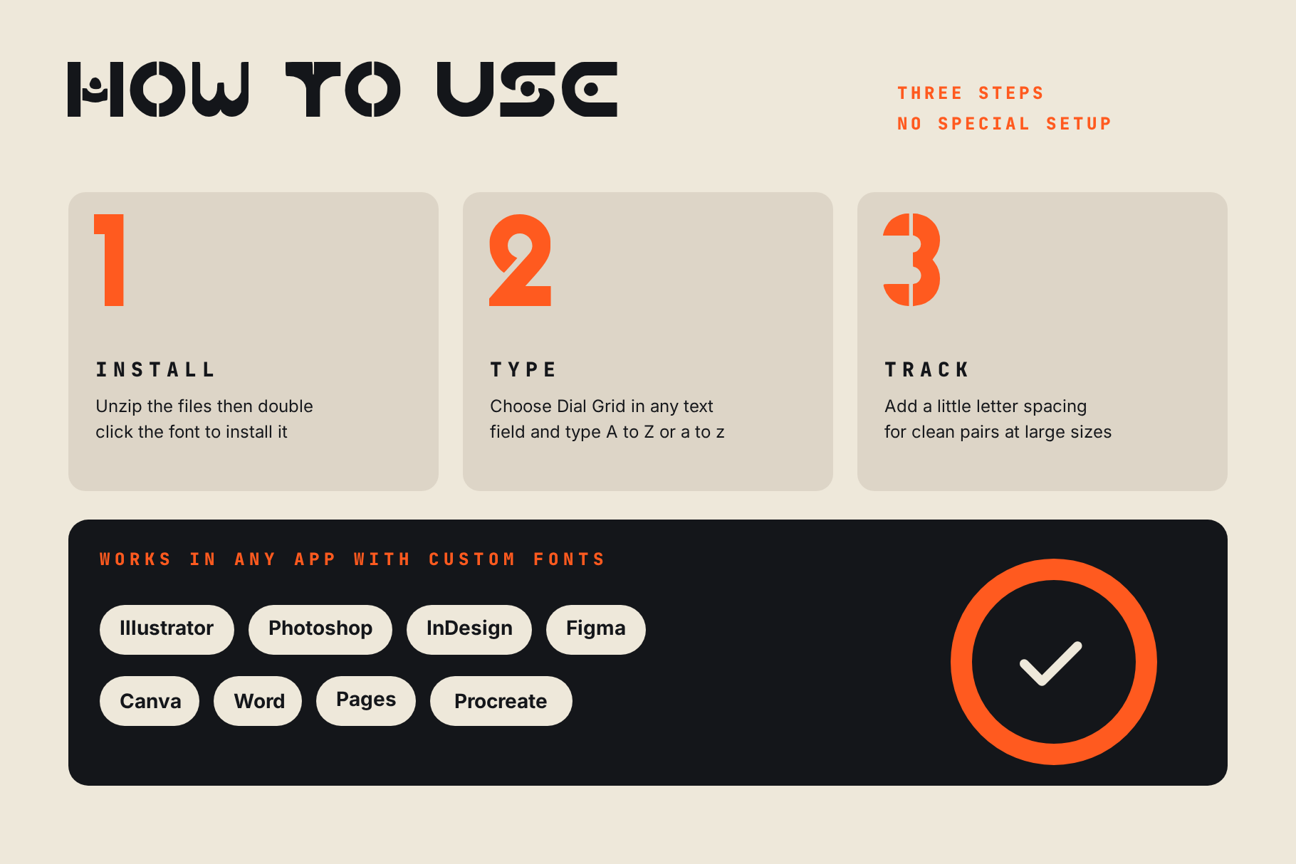 Dial Grid how to use card with three steps, install, type and track, and a row of supported apps