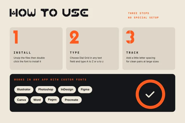 Dial Grid how to use card with three steps, install, type and track, and a row of supported apps