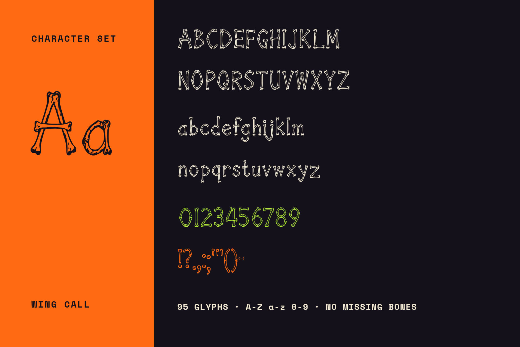 Wing Call font character set with uppercase, lowercase, figures and punctuation