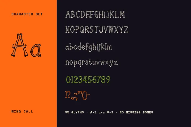 Wing Call font character set with uppercase, lowercase, figures and punctuation