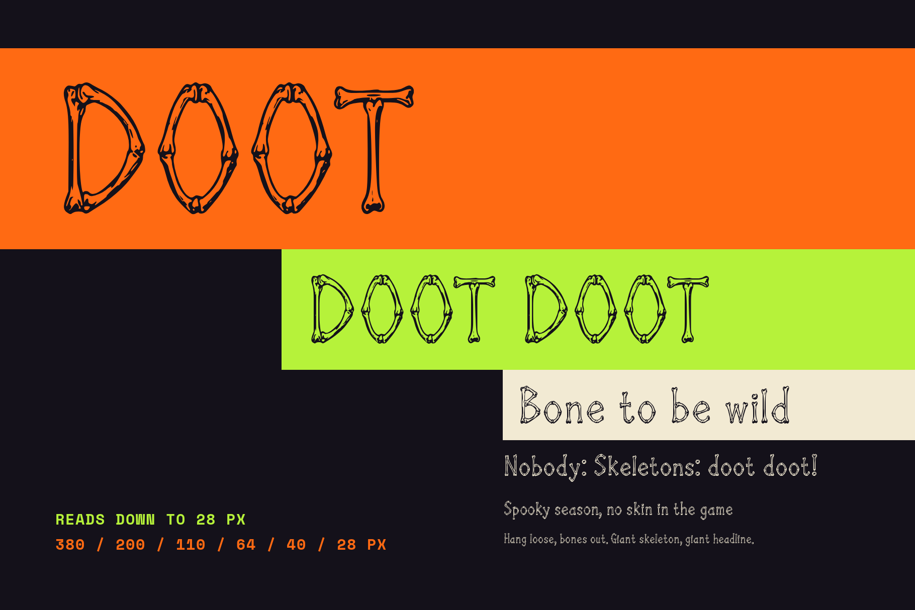Wing Call font size ladder from large headline to small text showing stroke weight