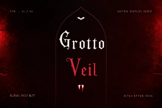 Vpr Grotto Veil cover with Grotto in ivory and Veil in red gothic serif letters inside a crypt arch with a bat