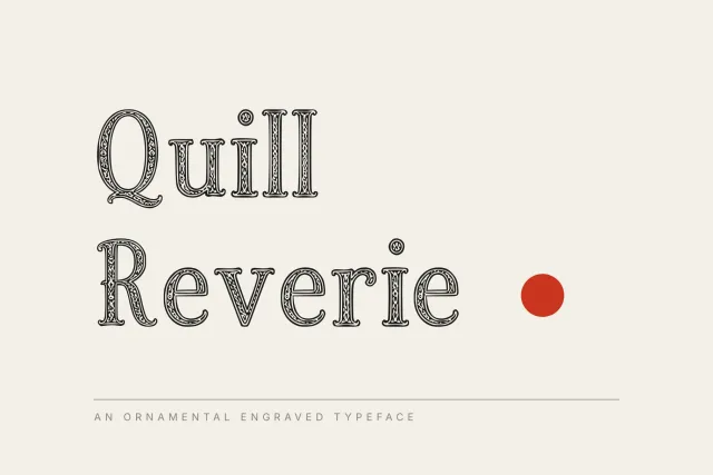 Quill Reverie cover with the name in engraved outline serif letters filled with filigree and a red dot on cream
