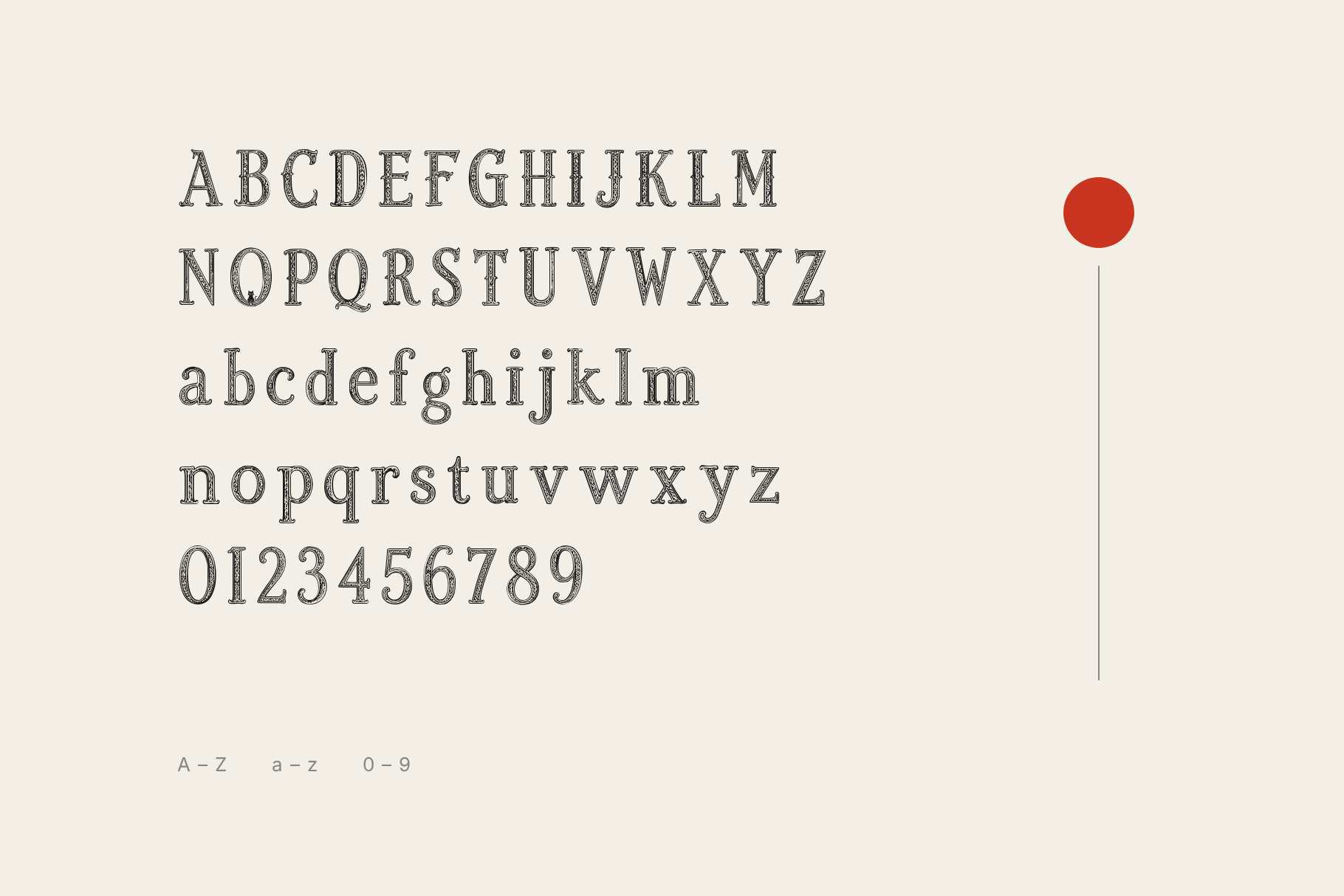 Quill Reverie alphabet with engraved capitals, lowercase and figures 0 to 9 in grey ink beside a red pin line