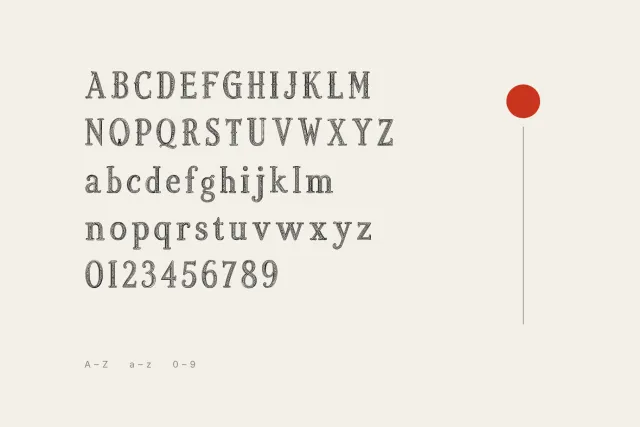 Quill Reverie alphabet with engraved capitals, lowercase and figures 0 to 9 in grey ink beside a red pin line