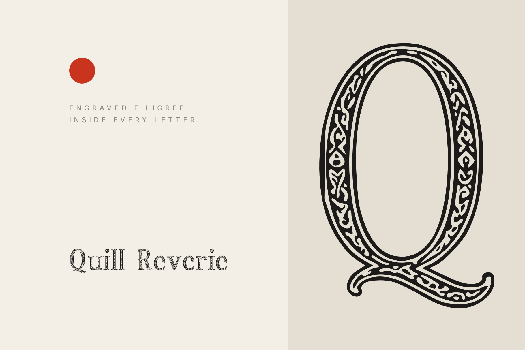 Quill Reverie giant Q showing vine and leaf filigree inside a double outlined bowl and a long curved tail