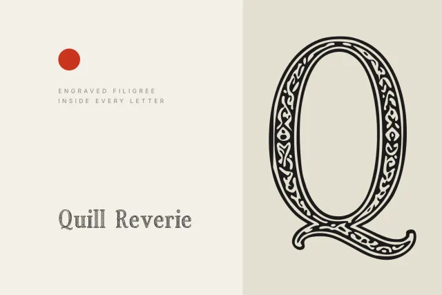 Quill Reverie giant Q showing vine and leaf filigree inside a double outlined bowl and a long curved tail