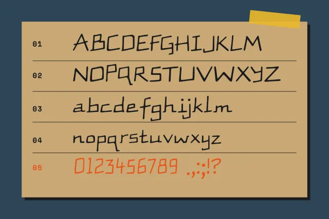 Rig Forge alphabet card with uppercase, lowercase, orange figures and punctuation on kraft paper