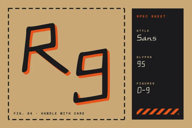 Rig Forge giant Rg pair on kraft paper next to a dark spec sheet listing style, glyphs and figures
