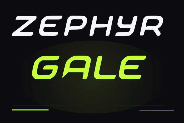 Zephyr Gale cover card with ZEPHYR in white and GALE in lime wide italic capitals on a black background