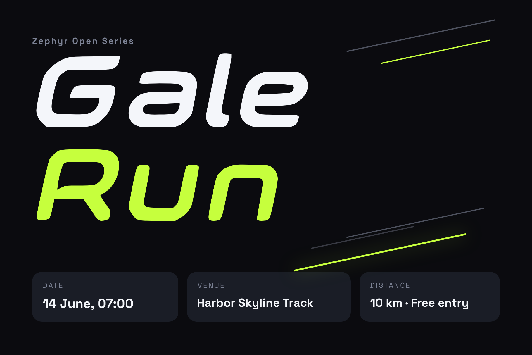 Zephyr Gale race poster with Gale Run in white and lime on black, with date, venue and 10 km distance panels