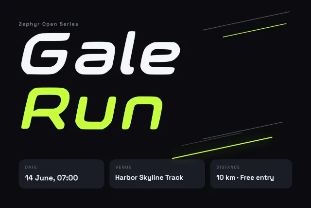 Zephyr Gale race poster with Gale Run in white and lime on black, with date, venue and 10 km distance panels