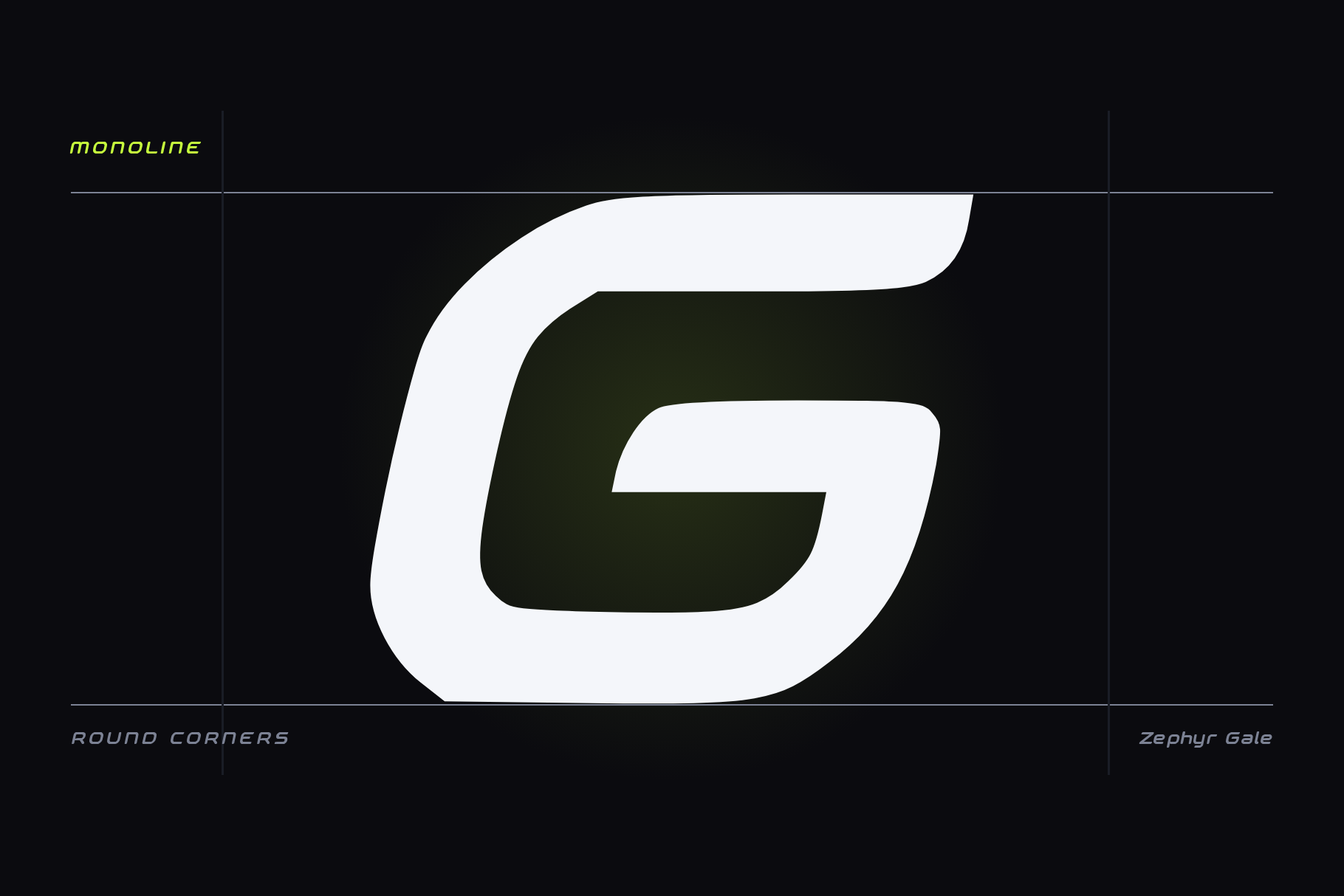 Zephyr Gale glyph card showing a large white capital G with rounded corners on guide lines, labelled monoline