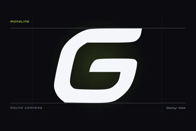 Zephyr Gale glyph card showing a large white capital G with rounded corners on guide lines, labelled monoline