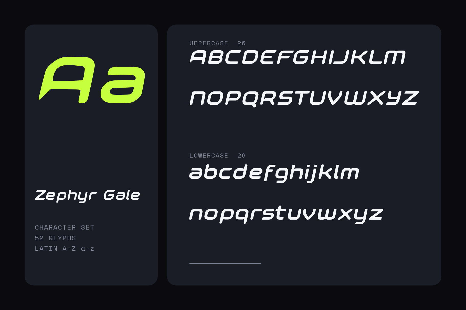 Zephyr Gale character set with a lime Aa and uppercase and lowercase A to Z, 52 glyphs, on dark panels