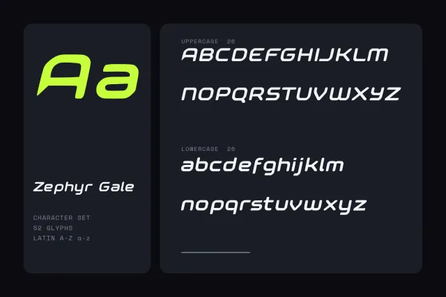 Zephyr Gale character set with a lime Aa and uppercase and lowercase A to Z, 52 glyphs, on dark panels