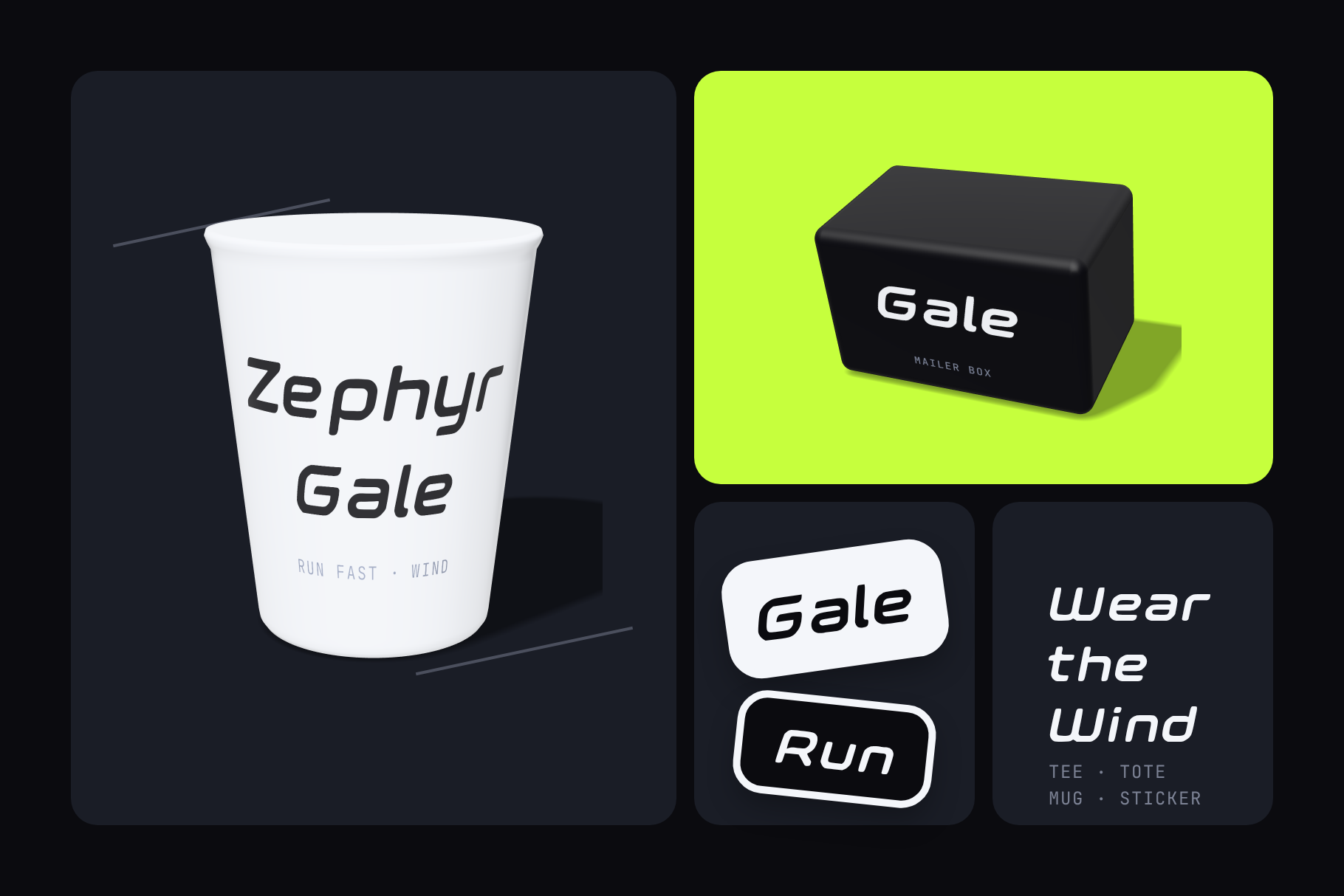 Zephyr Gale merch mockup with the name on a white paper cup, Gale on a black mailer box, stickers and Wear the Wind
