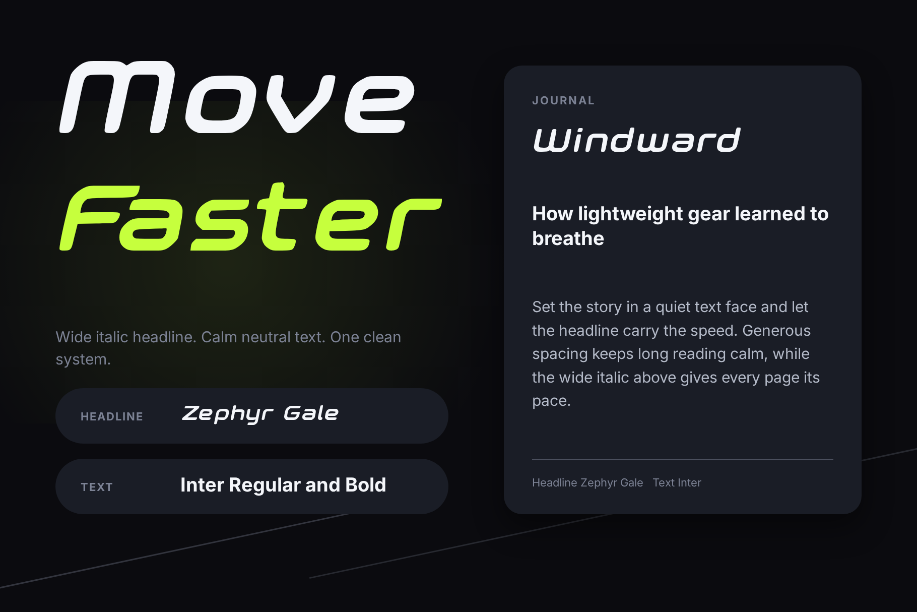 Zephyr Gale font pairing card with the headline Move Faster beside a journal page set in a neutral text face