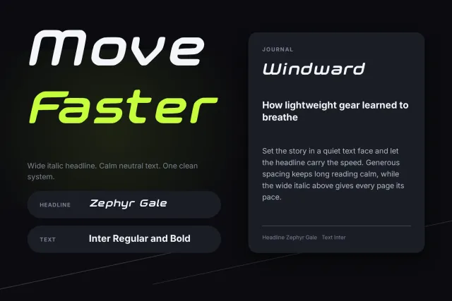 Zephyr Gale font pairing card with the headline Move Faster beside a journal page set in a neutral text face