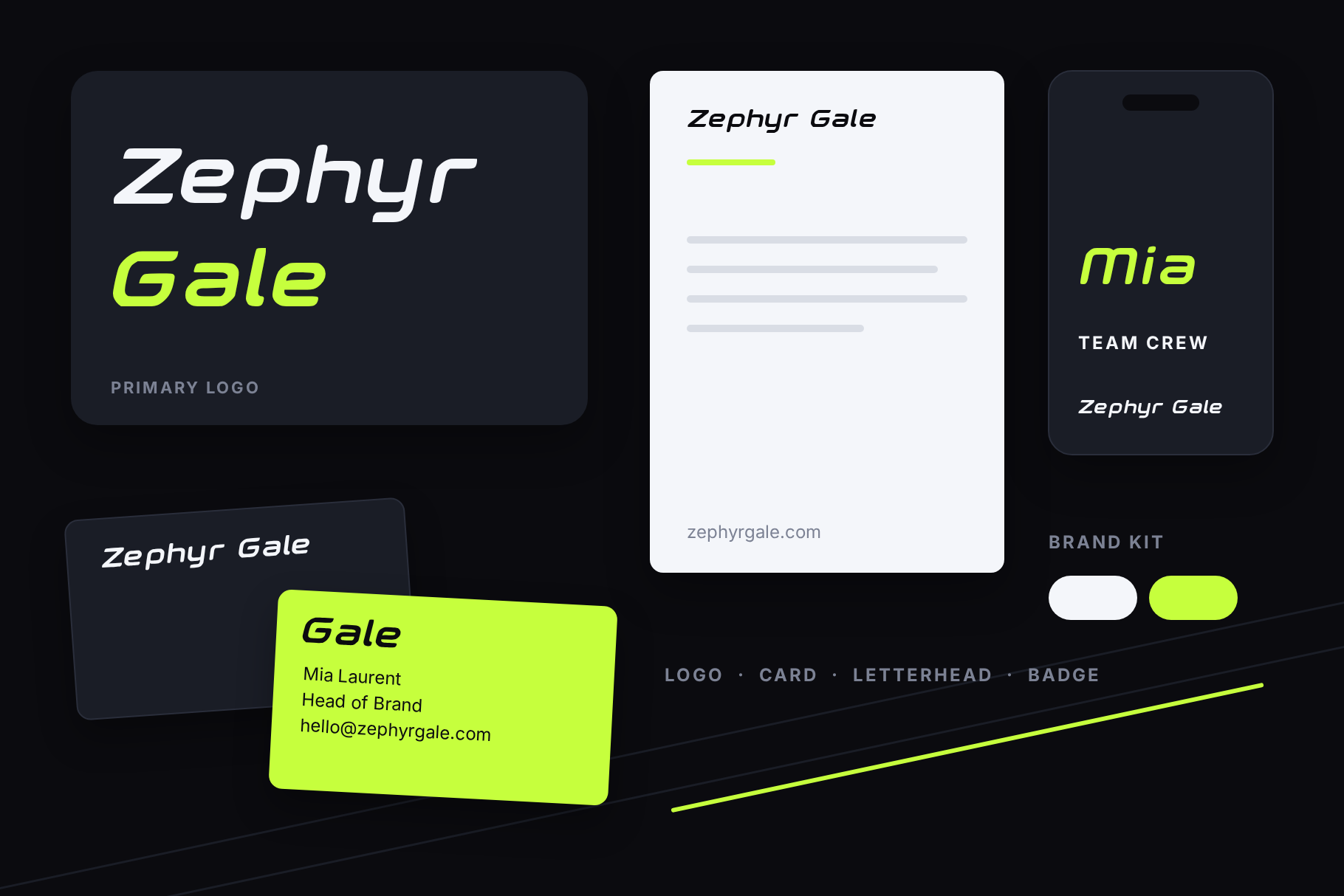 Zephyr Gale brand kit with primary logo, business cards, letterhead and a crew badge in black, white and lime