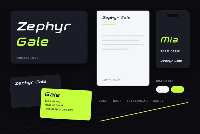 Zephyr Gale brand kit with primary logo, business cards, letterhead and a crew badge in black, white and lime