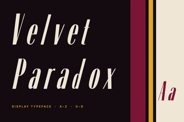 Velvet Paradox cover with the tall slanted name in cream on near black beside burgundy and mustard stripes