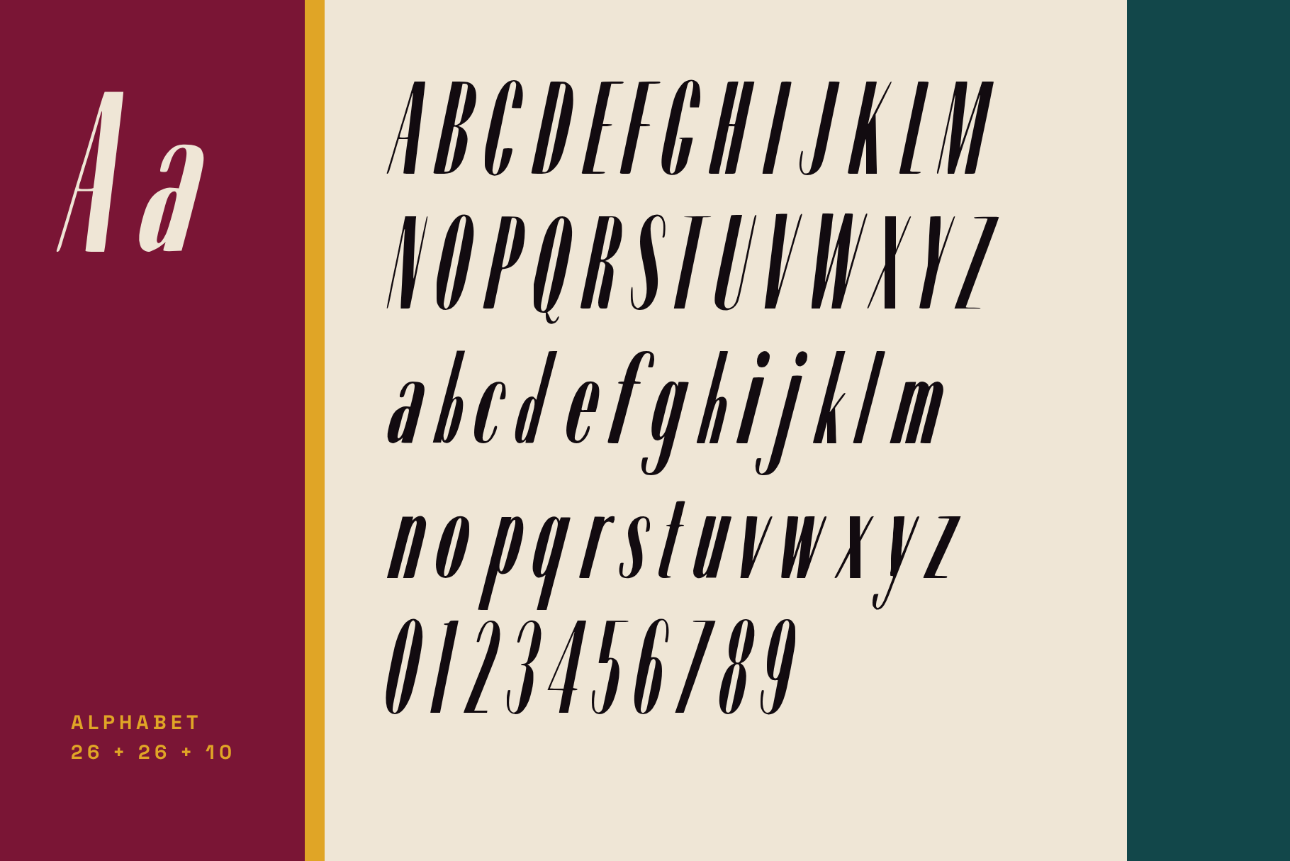 Velvet Paradox full alphabet with capitals, lowercase and figures in black on cream with a burgundy Aa panel