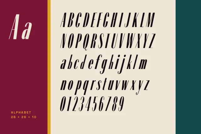 Velvet Paradox full alphabet with capitals, lowercase and figures in black on cream with a burgundy Aa panel